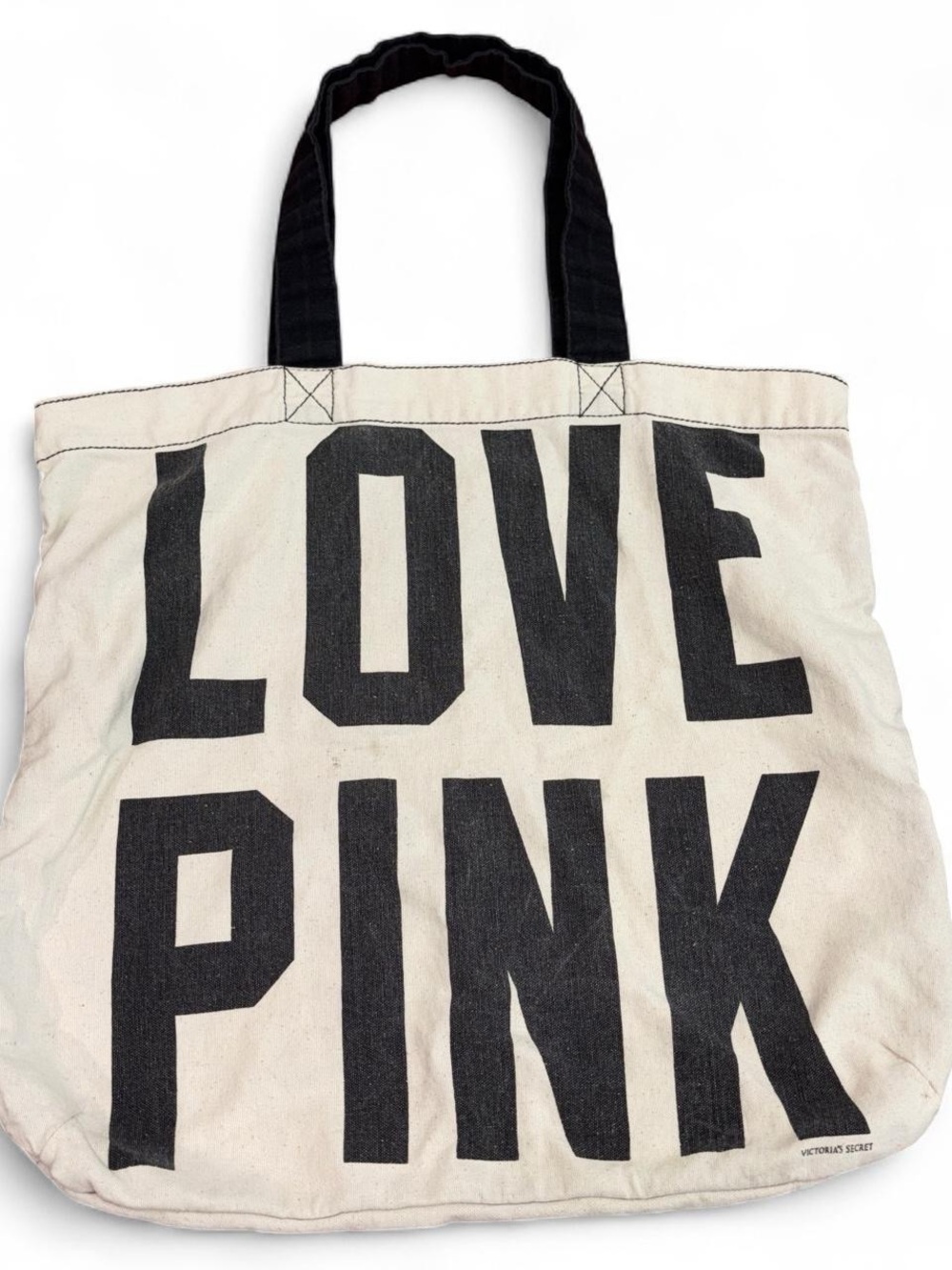 Victoria's Secret Canvas Tote Bag in Cream and Black with LOVE PINK Graphic